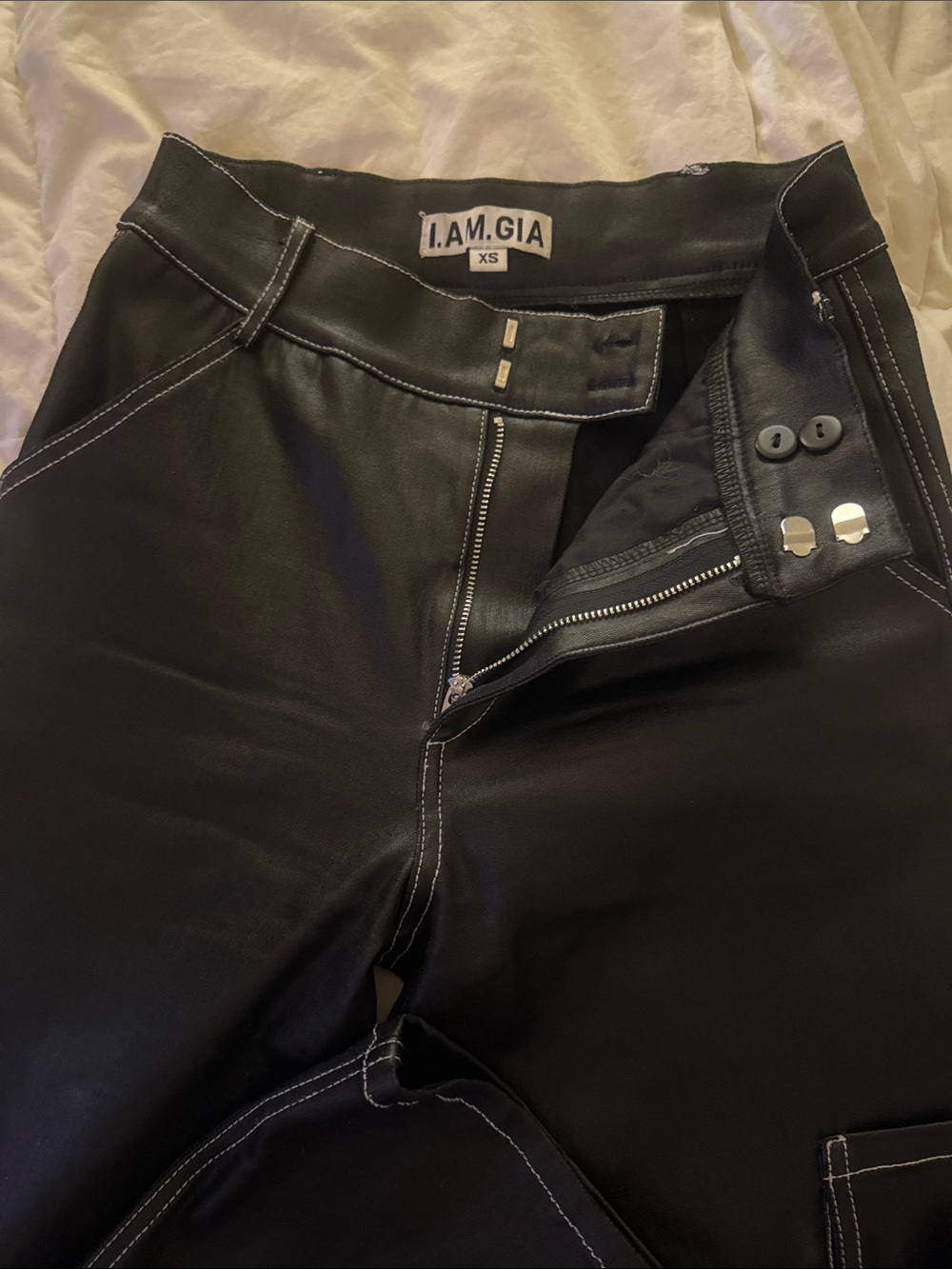 I.AM.GIA Black Cargo Faux Leather Pants with Contrast Stitching